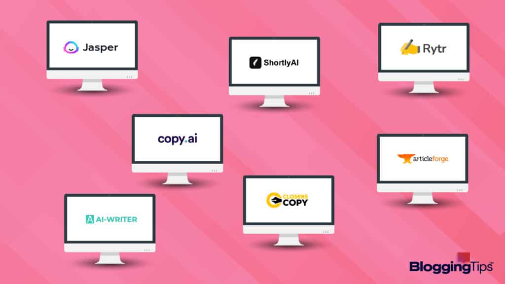 vector graphic showing a bunch of ai story generator logos on laptop screens arranged next to one another
