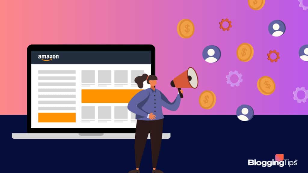 vector graphic showing amazon advertising on a computer screen, with a man holding a megaphone coming out of the screen