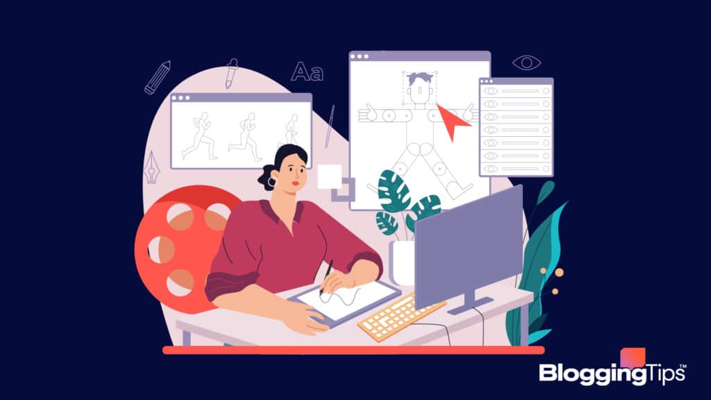vector graphic showing an illustration of art blogs on the screen of a computer
