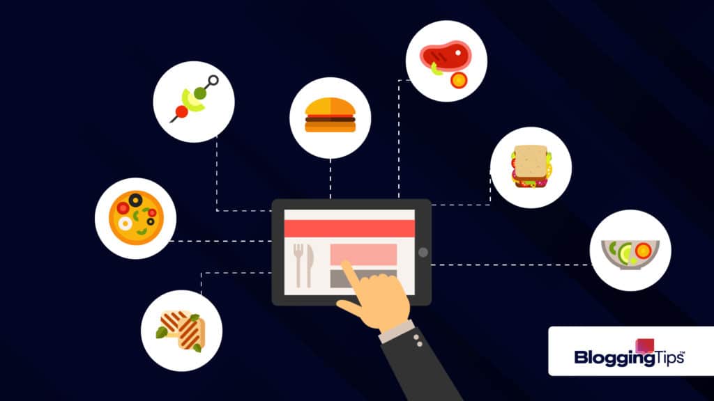 vector graphic showing a hand touching an ipad and surrounded by elements illustrating the best food blogs to follow