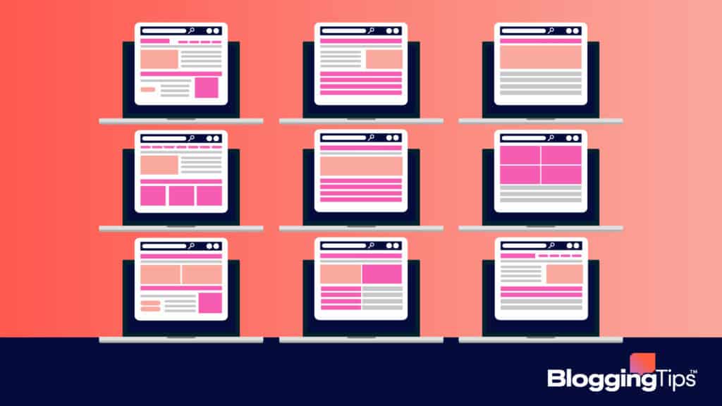 vector illustration showing many different types of generic blog post examples on computer screens