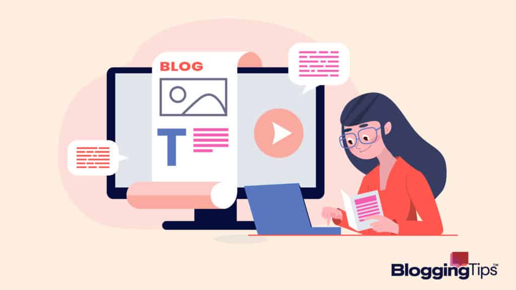 image showing a blog writing format illustration - a person standing in front of a computer screen against a generic blog template