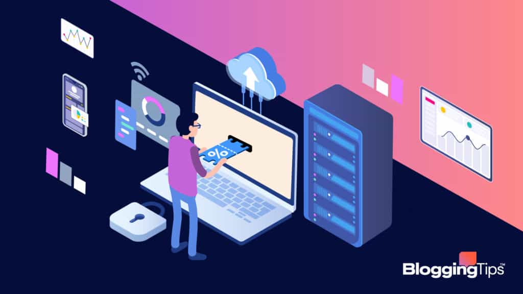 vector illustration of somebody using a bluehost coupon to save money on bluehost hosting packages