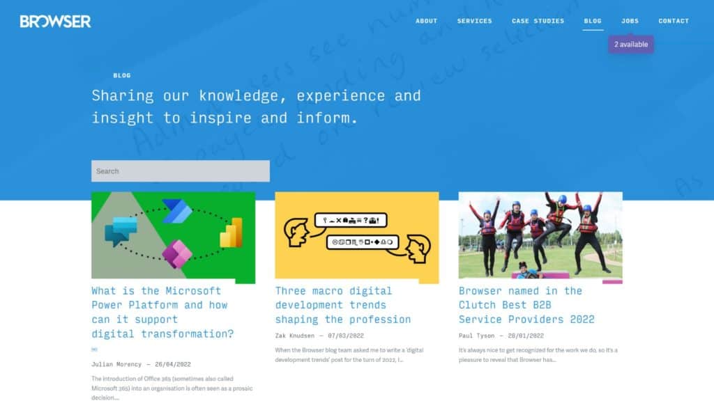 screenshot of the browser london blog design