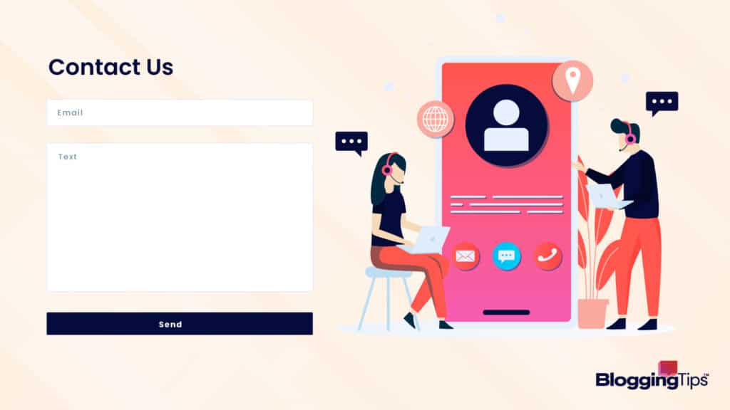 vector graphic showing a generic website contact page with people working around them