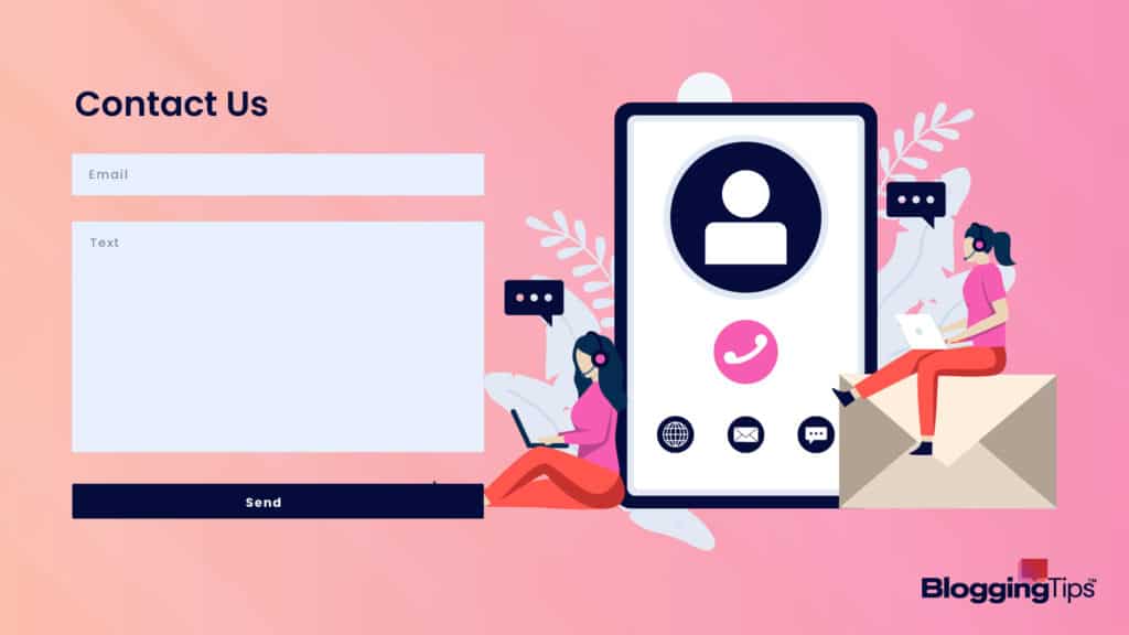 vector graphic showing a generic website contact page with people working around them