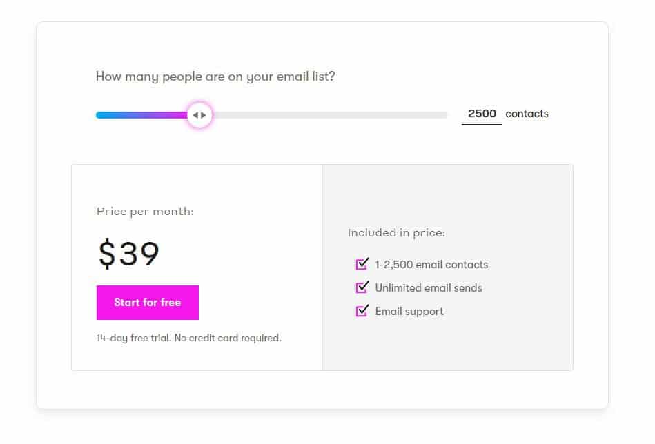 screenshot of the drip pricing table