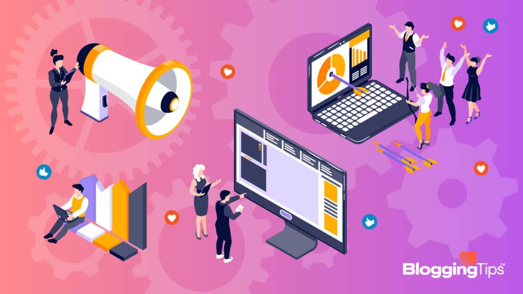 vector graphic showing an illustration of a man holding a megaphone and walking event attendees through elements of experiential marketing