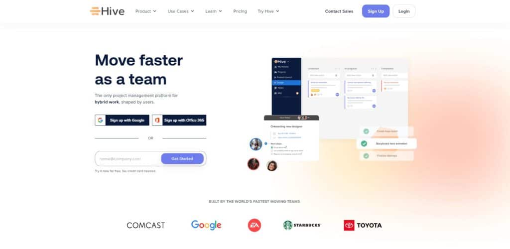 screenshot of the hive homepage