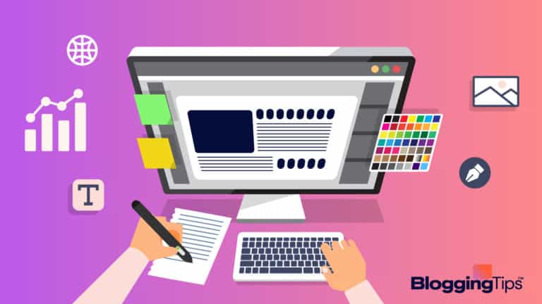 vector graphic showing a person sitting at a computer, blogging - header image for how to start a blog post