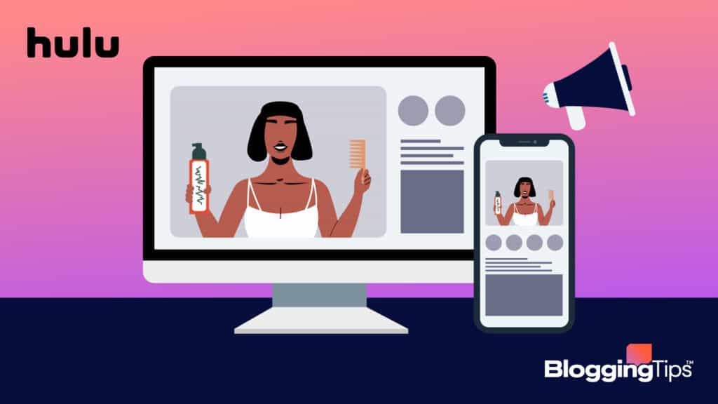 vector graphic showing an illustration of hulu advertising on a computer screen and mobile device side by side