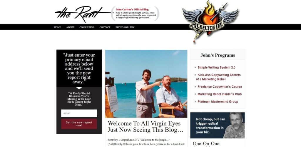 screenshot of the john carlton homepage