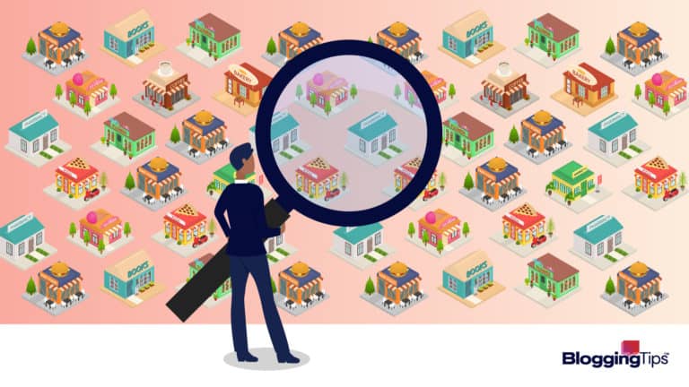 vector graphic showing a man looking at a handful of niche products to sell