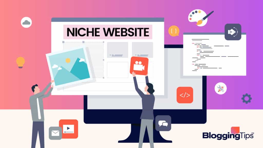vector graphic showing a man standing in front of a giant computer screen building a niche website