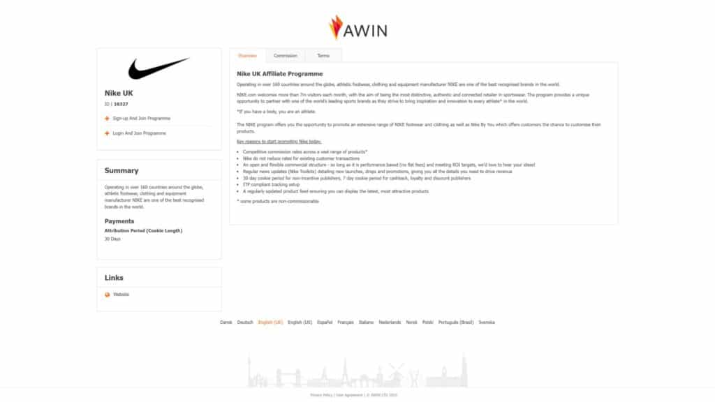 screenshot of the application page for the nike affiliate program