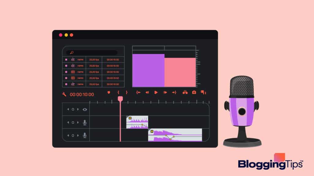 vector graphic showing a podcast software on a computer screen with a microphone sitting next to it