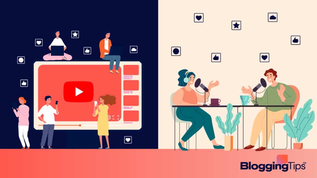 vector graphic showing an illustration of a podcast vs youtube