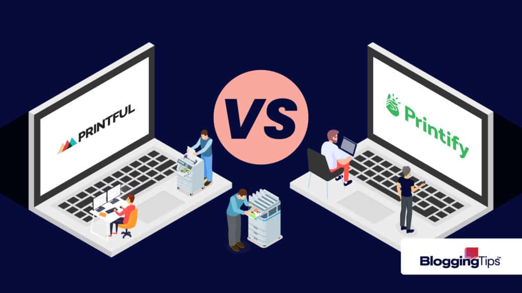 vector graphic showing the logos of printful vs printify on two computer screens arranged side by side