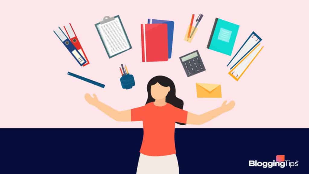 vector illustration that illustrates productivity hacks by showing a man with many task icons above his head