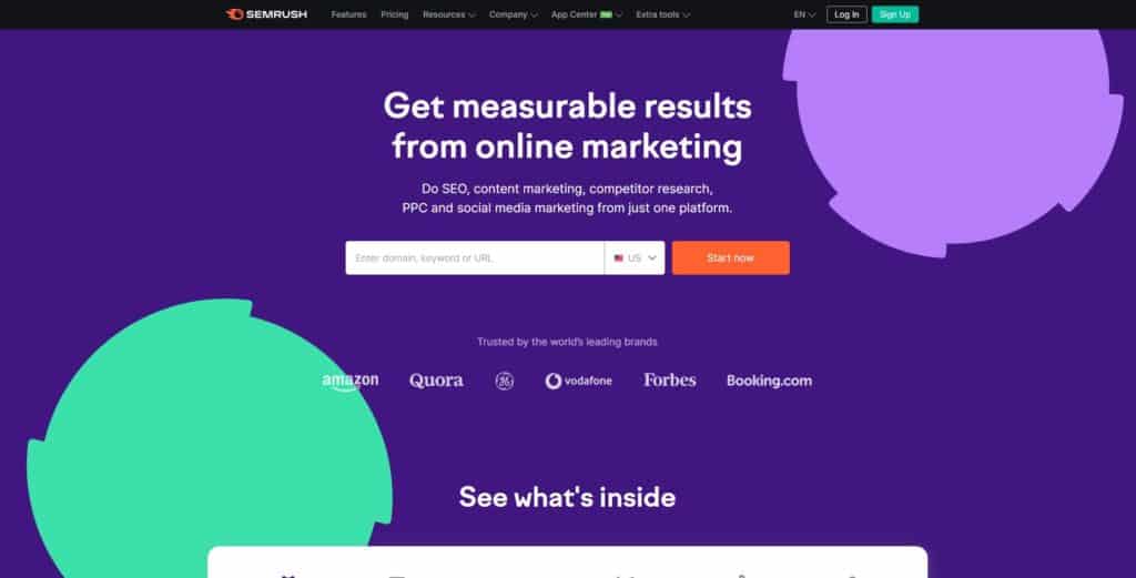 screenshot of the semrush homepage