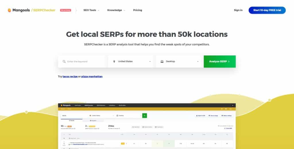 screenshot of the serp checker homepage