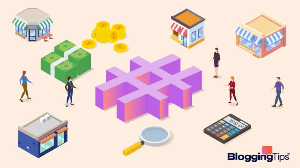 vector graphic showing an illustration of small business hashtags - people standing around a large hashtag with small business hashtag elements around it