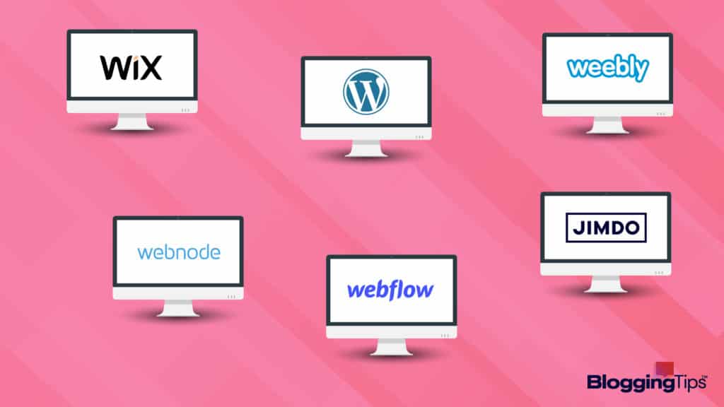 vector graphic showing a handful of squarespace alternatives company logos on the screens of computer monitors side by side next to one another