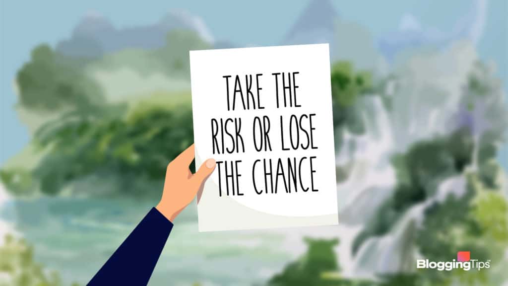 vector graphic showing a hand holding a piece of paper that says "take the risk or lose the chance"