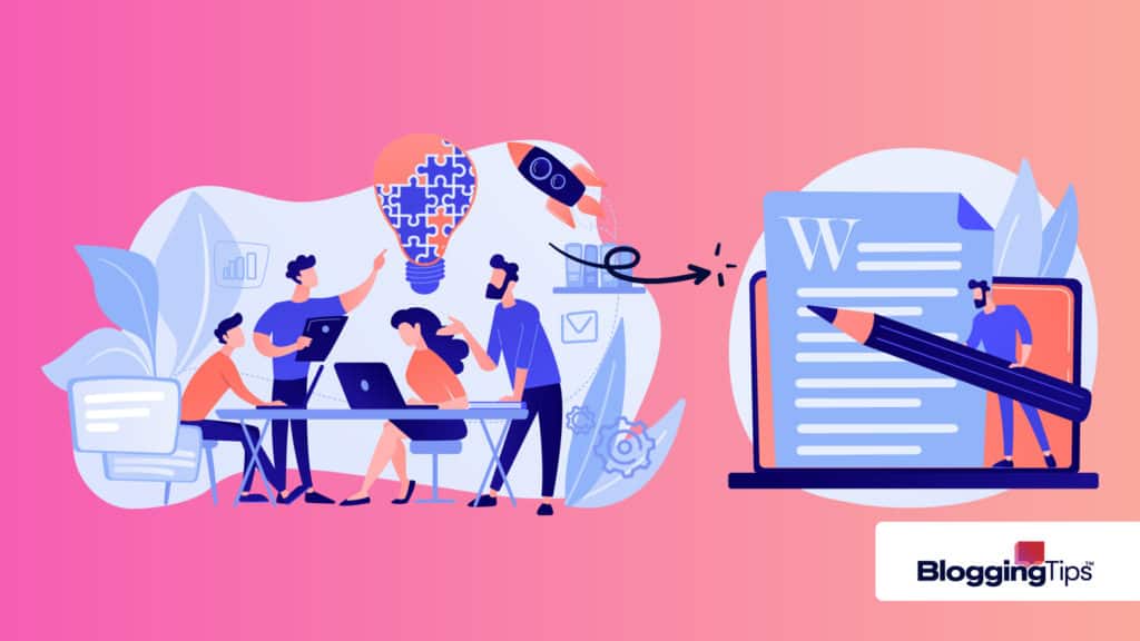 vector graphic showing an illustration of things to write about - people using writing items to write a blog post