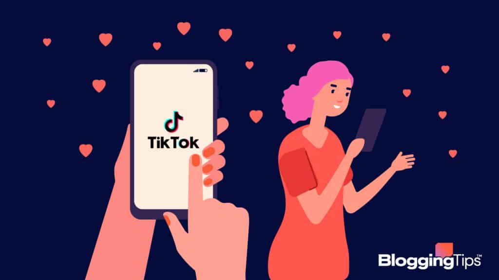vector graphic showing an illustration of tiktok marketing - a person holding a phone and a tiktok user engaging with that brand