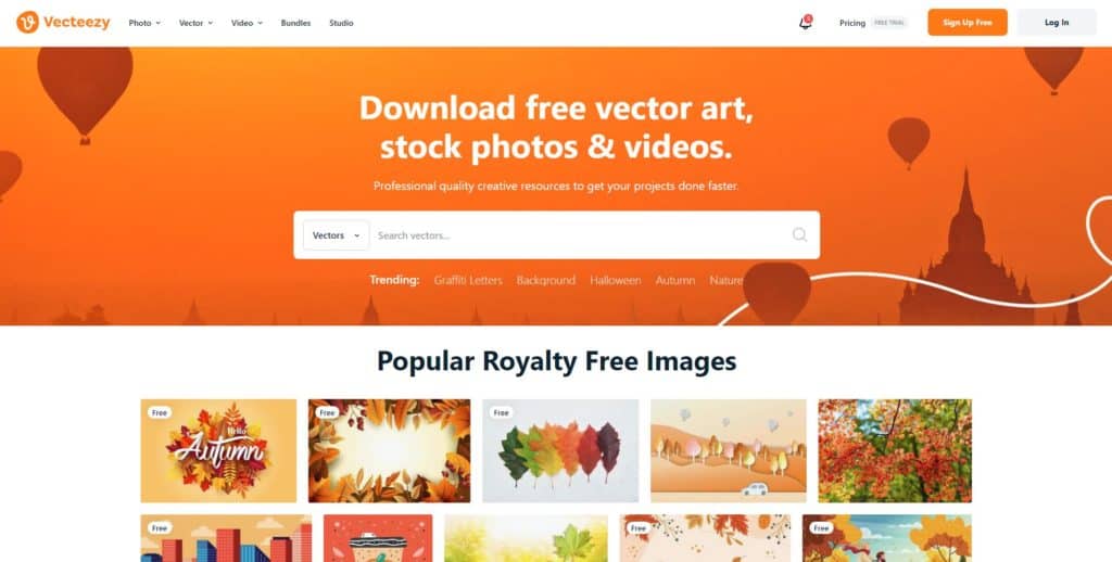 screenshot of the vecteezy homepage