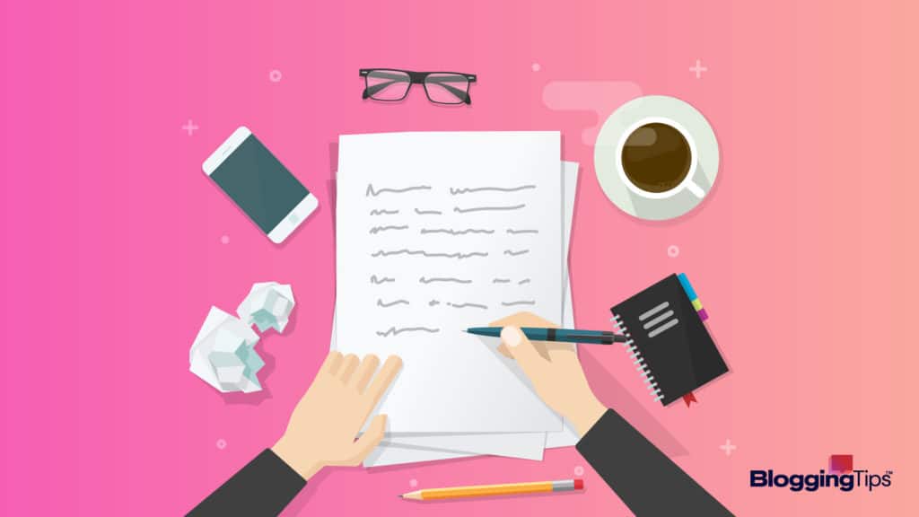 vector graphic showing a hand holding a piece of paper and another hand writing on it, with crumpled papers on the side for the what to write header image
