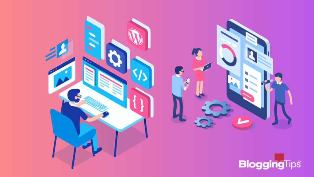 vector graphic showing an illustration of two people in action with doing wordpress development sitting at their computers