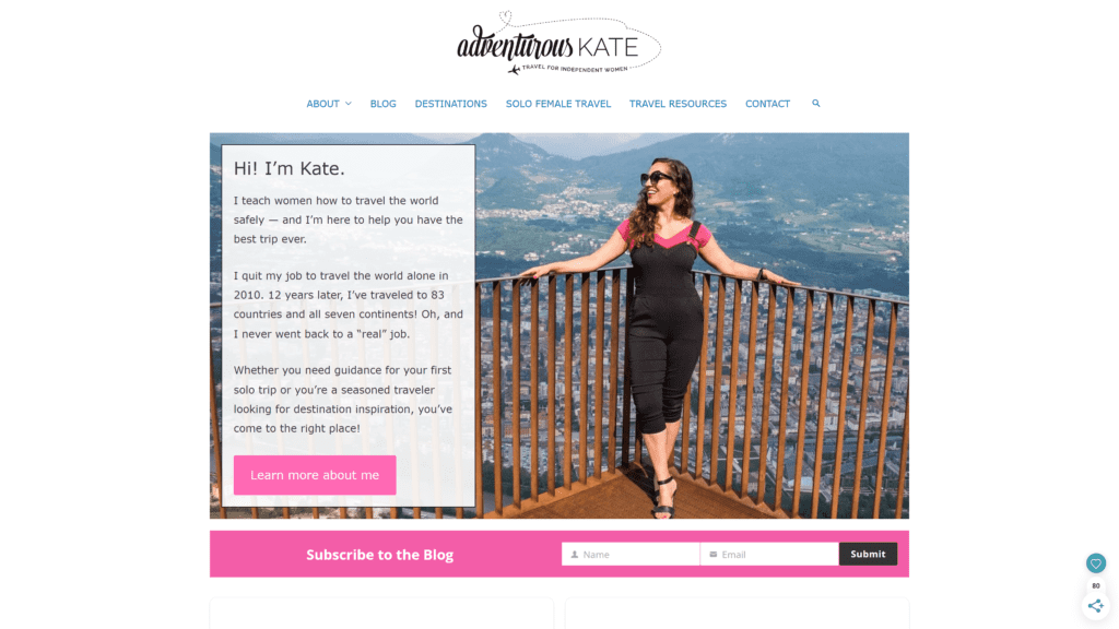 screenshot of the adventurous-kate homepage