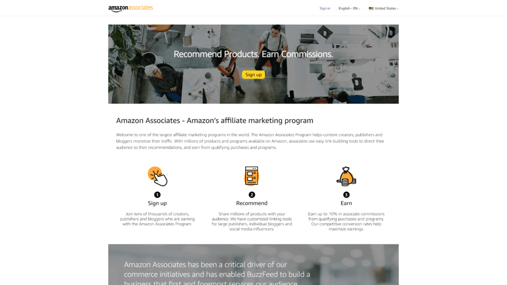 screenshot of the amazon associates homepage
