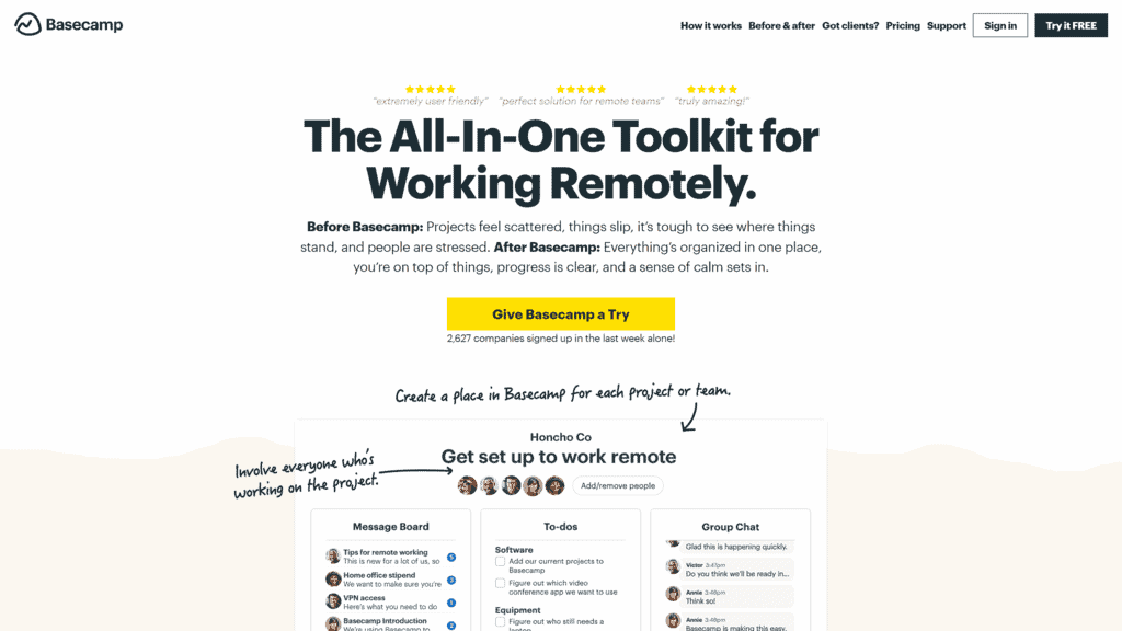 screenshot of the basecamp homepage