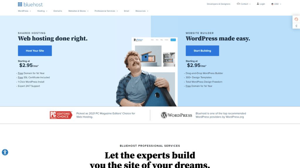 screenshot of the bluehost homepage