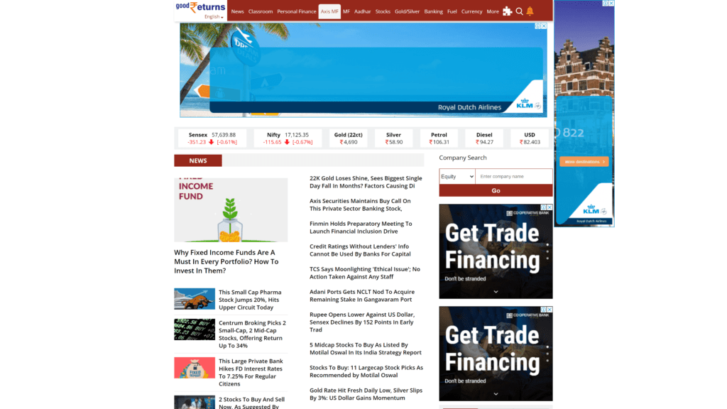 screenshot of the goodreturns homepage