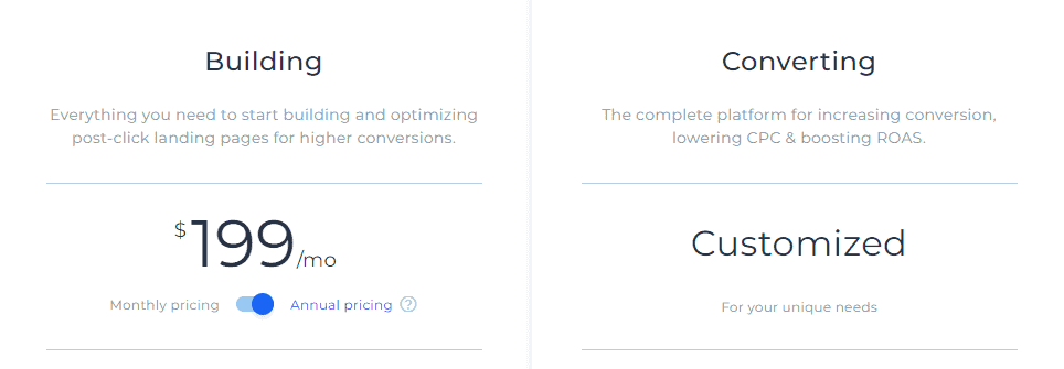 screenshot of the instapage pricing table