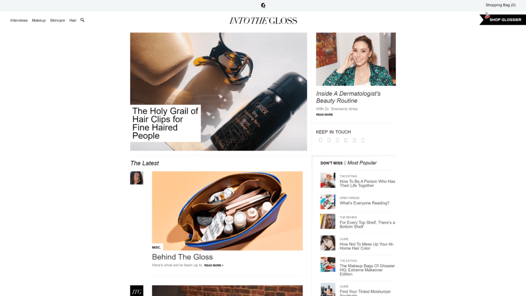 screenshot of the into the gloss homepage
