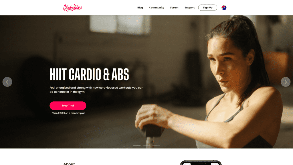 screenshot of the kayla itsines homepage