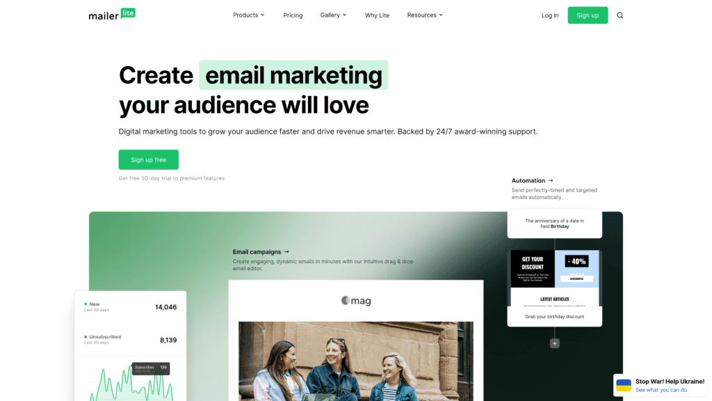 screenshot of the mailerlite homepage