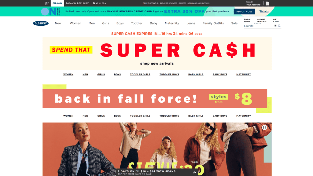 screenshot of the old navy homepage