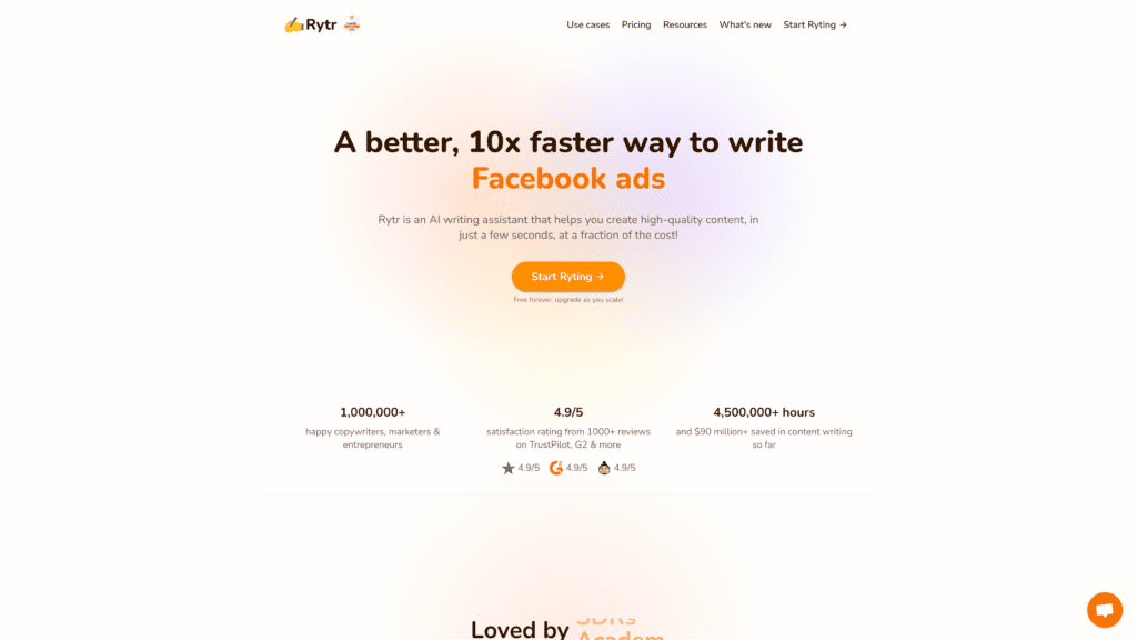 screenshot of the rytr homepage