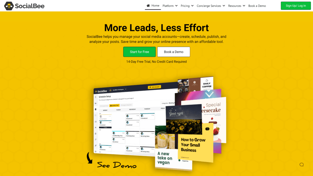 screenshot of the socialbee homepage