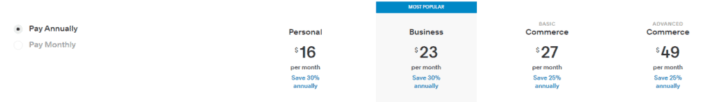 screenshot of the squarespace pricing table