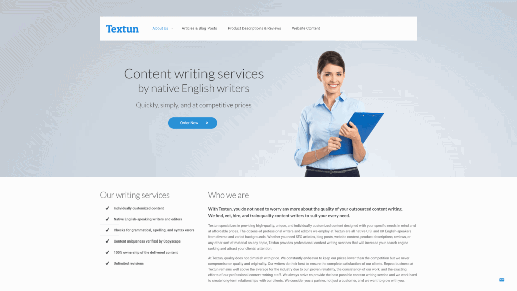 screenshot of the textun homepage