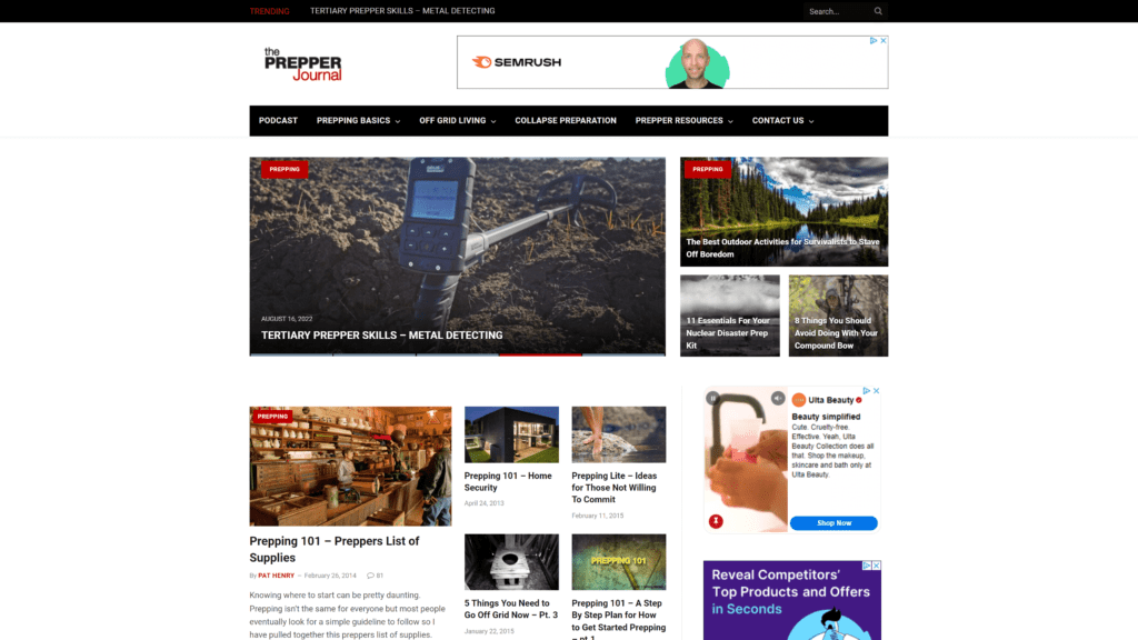 screenshot of the prepper journal homepage