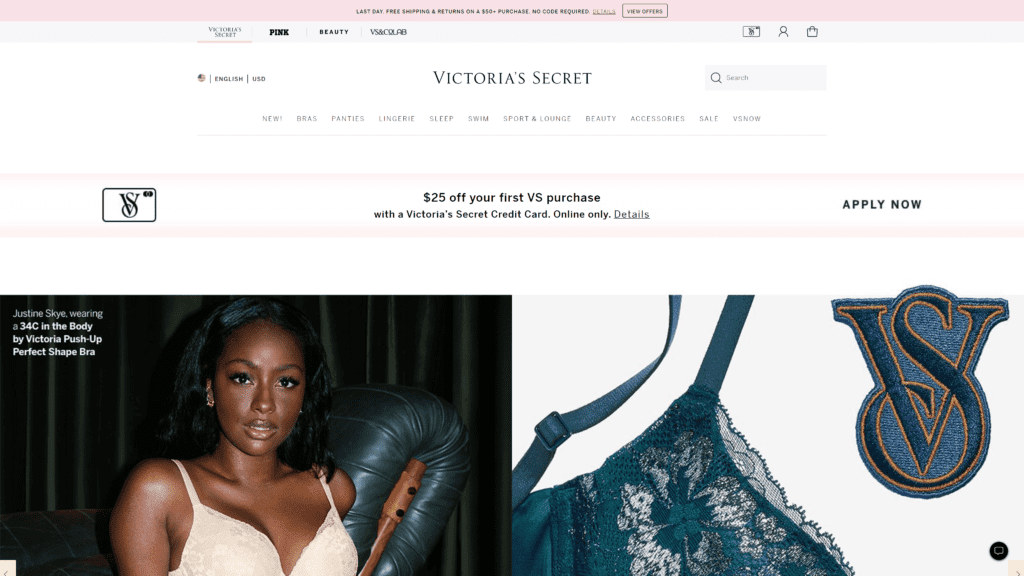 screenshot of the victoria's secret homepage