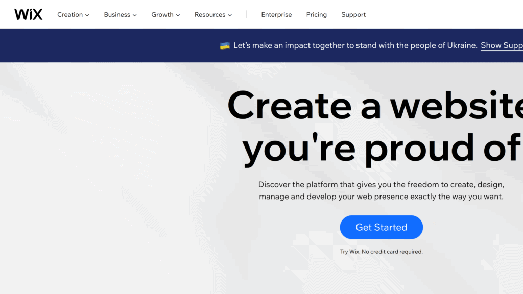 screenshot of the wix homepage